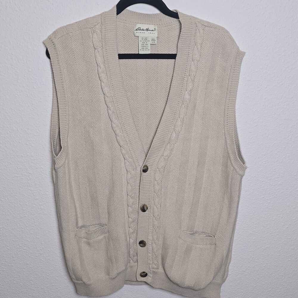 Vintage Eddie Bauer Sweater Vest Men’s Large Beige Cotton Button Front 90s